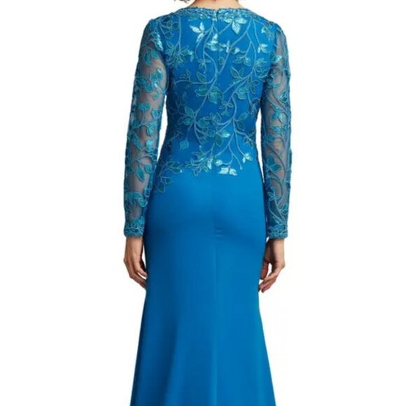 Tadashi Shoji Deep Ocean Blue Sequin Lace Long Sleeve Crepe Gown - Picture 5 of 7